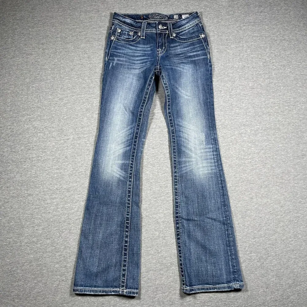 Miss Me Jeans Juniors 14 Blue Bootcut Mid Rise Embroidered Rhinestone Studded